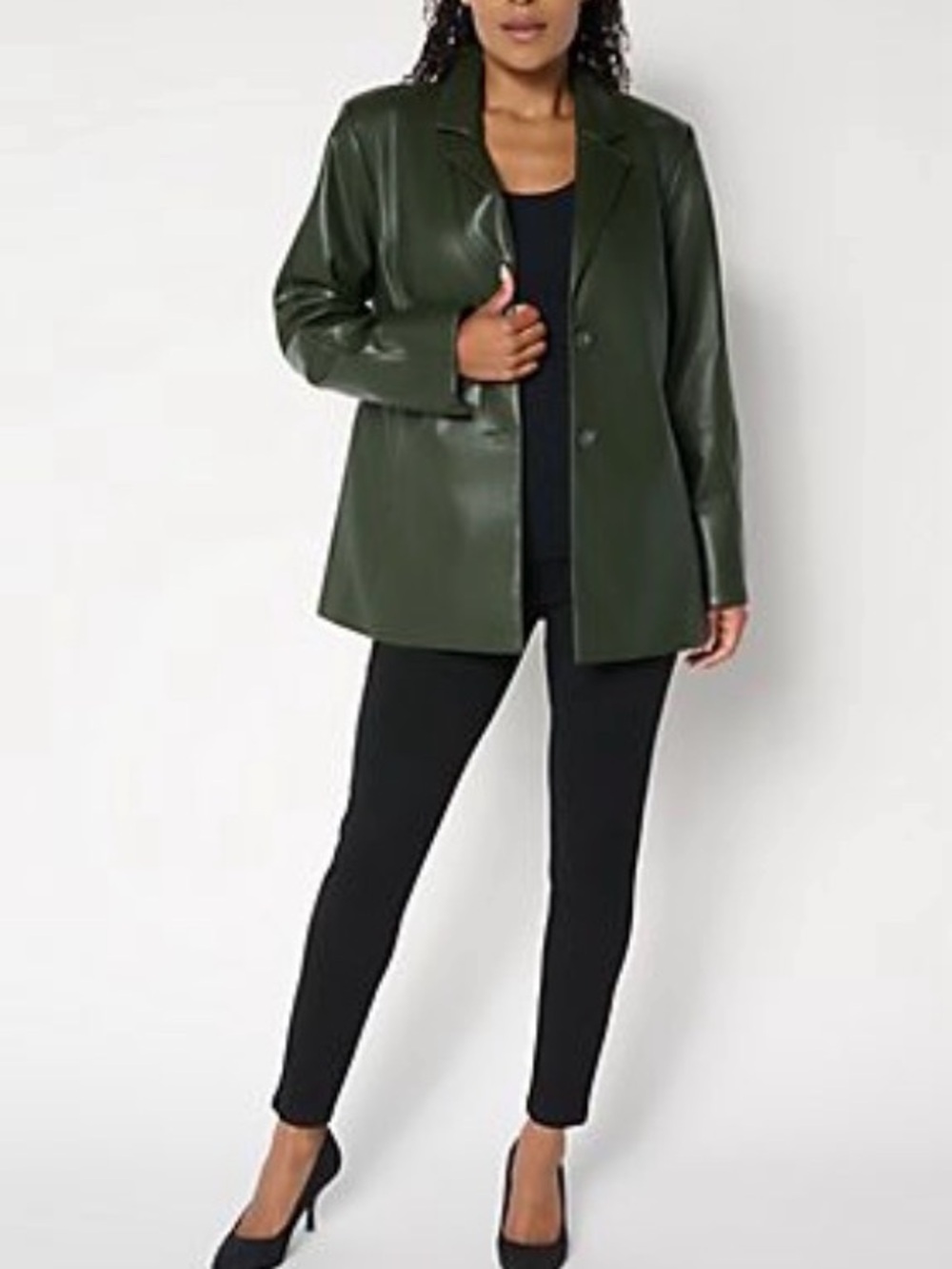 Dennis Basso Dark Green Faux Leather Blazer Jacket Women’s